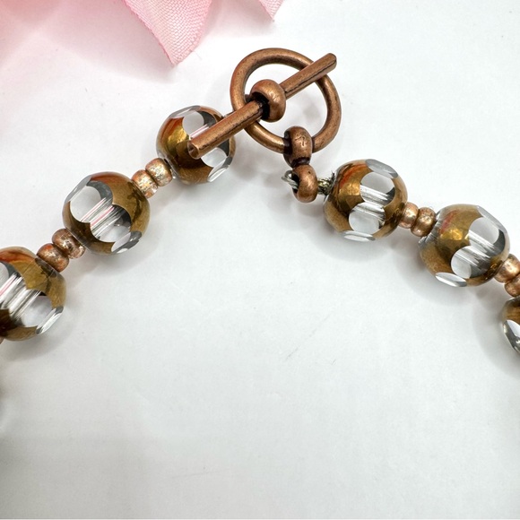 Cut Glass Round Bead Bracelet Copper Tone Electroplated Toggle Clasp 8” Length - Picture 4 of 11